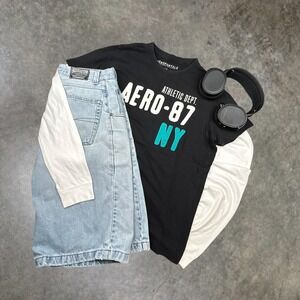 Aeropostale Athletic Dept Aero-87 NY Graphic T-Shirt Black Mens Large Y2K 0374